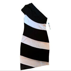 ALICE + OLIVIA BLK/WHT STRIPE SHOULDER DRESS S NWT